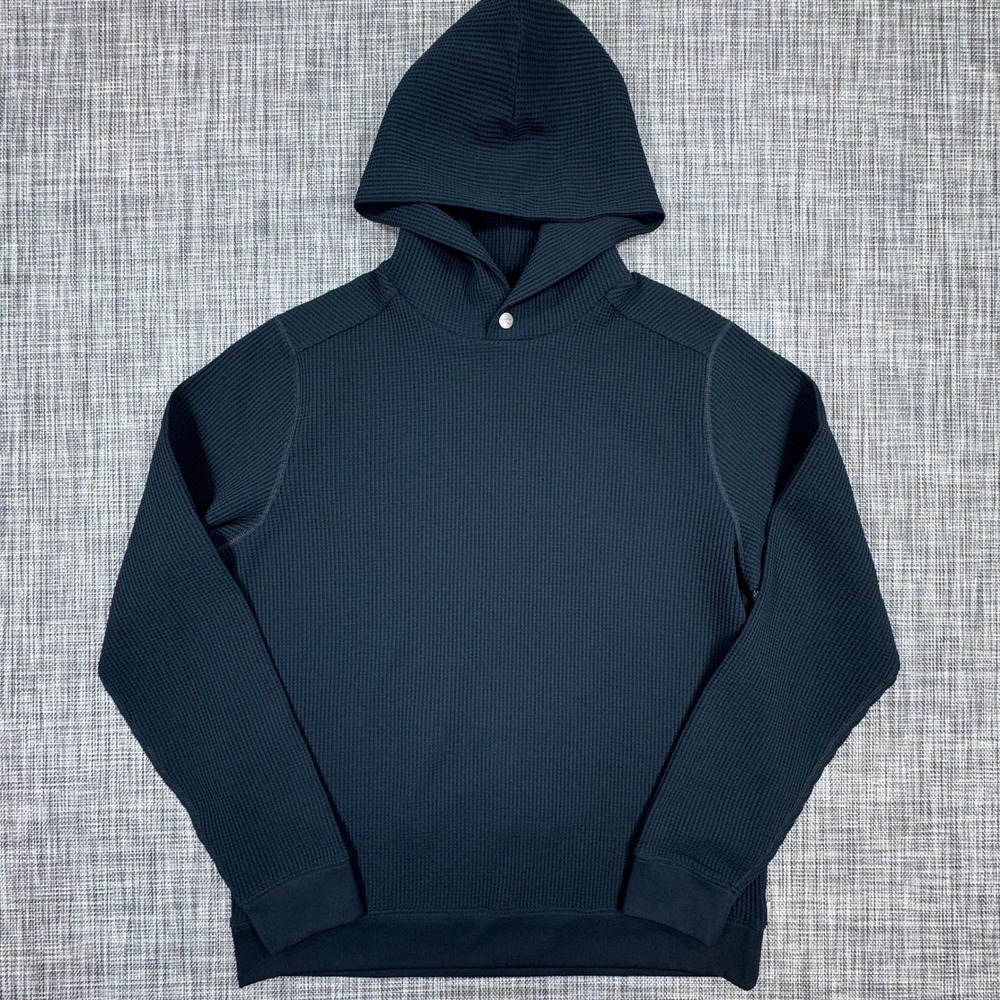 Vuori Tech Waffle Hoodie Mens Large Navy Blue Pullover Snap Neck Stretch Knit